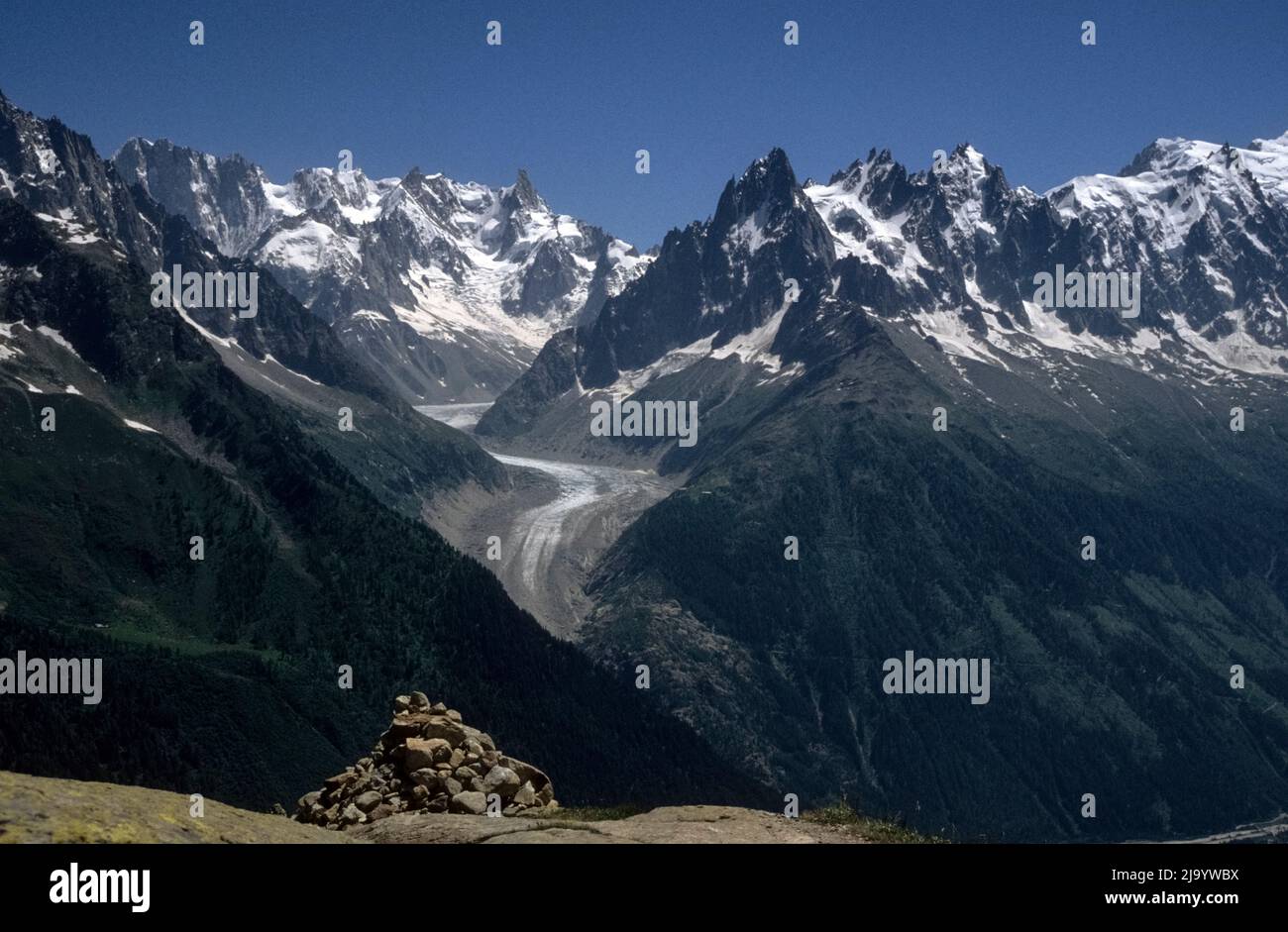 The Mer de Glace from Lac des Chéserys, Aiguilles Rouges Nature Reserve, Chamonix-Mont-Blanc, France, 1990 Stock Photo