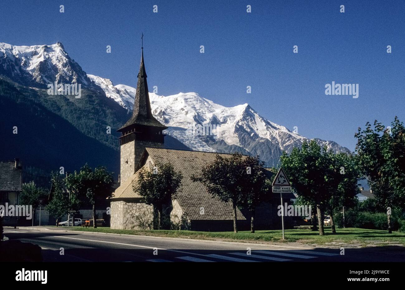 Church of Les Praz de Chamonix and Mont Blanc. Chamonix-Mont-Blanc France,1990 Stock Photo