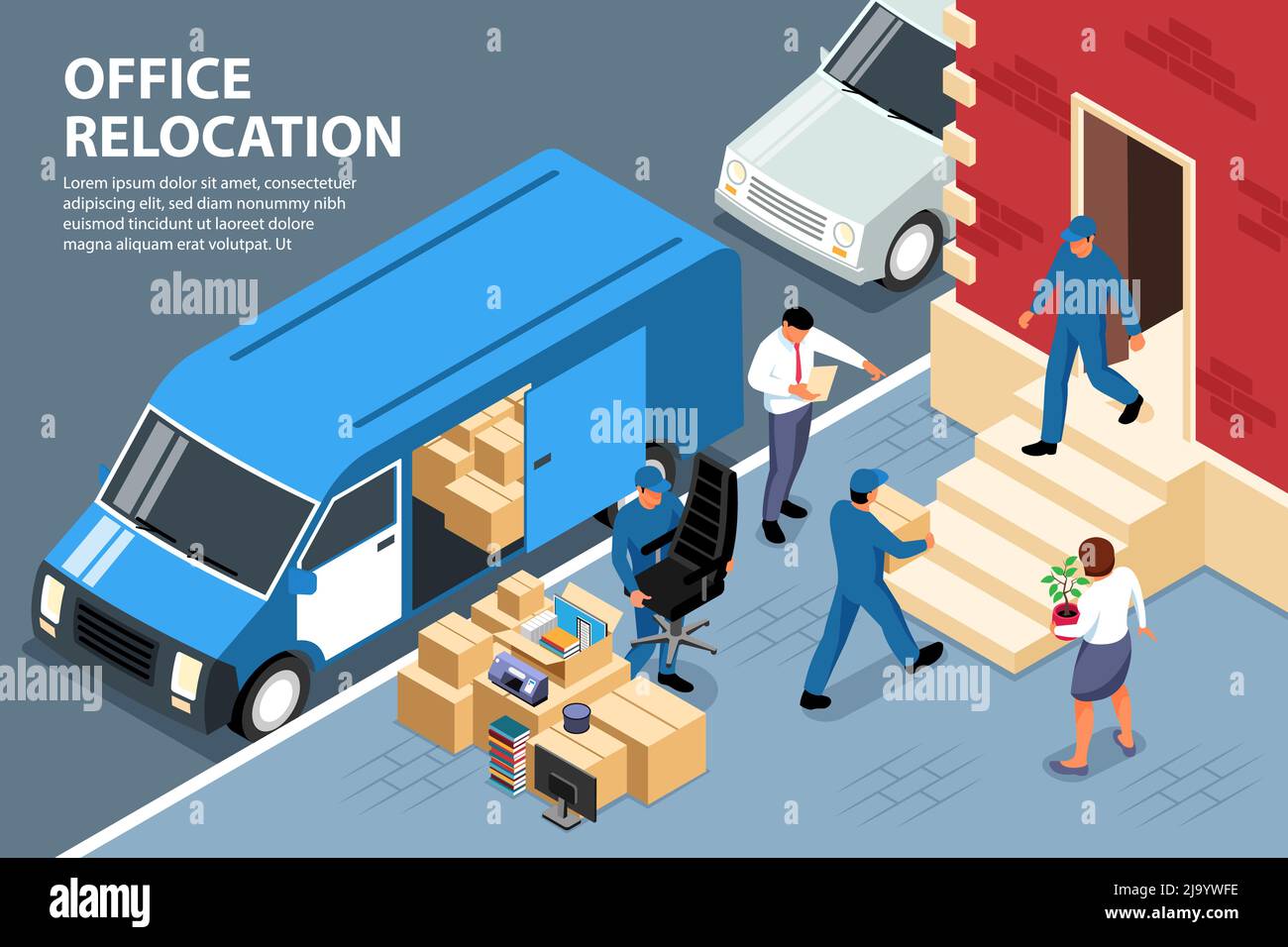 Isometric office move background composition with outdoor scenery and workers loading boxes into van with text vector illustration Stock Vector