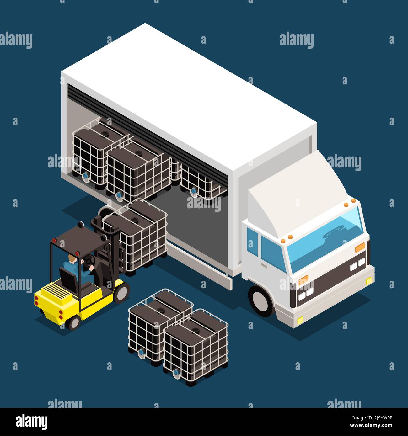 Logistics custom isometric colored composition and cargo loaded in a big truck vector illustration Stock Vector