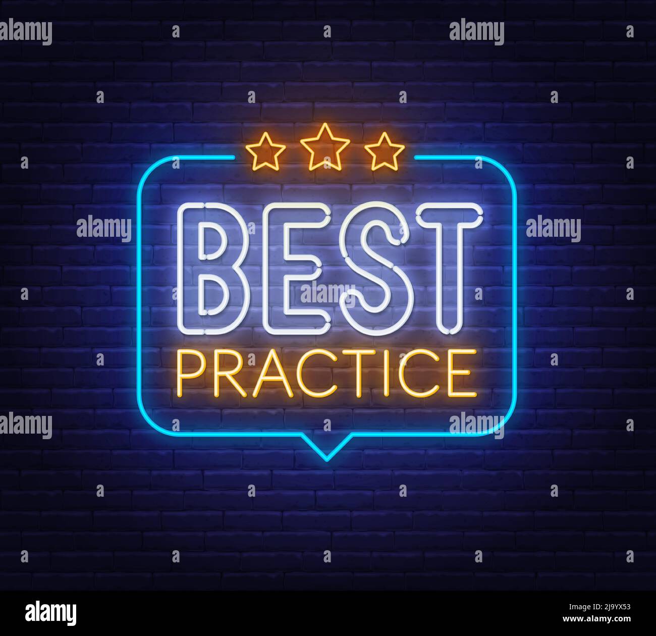 Best Practice neon sign in the speech bubble on brick wall background . Stock Vector