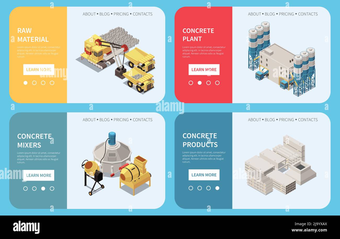 Horizontal concrete cement production isometric banner set with raw ...