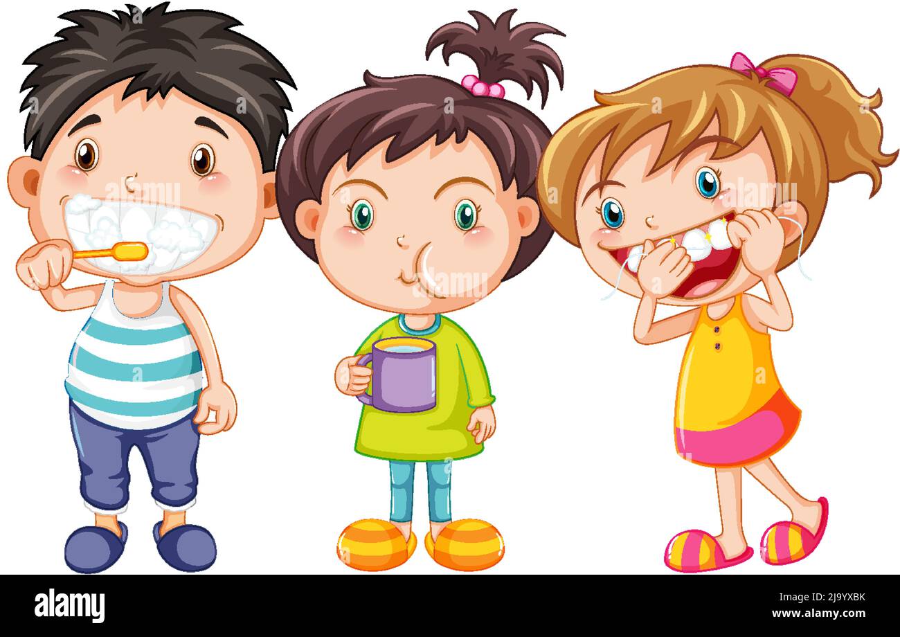 Group of cute children with dental care illustration Stock Vector