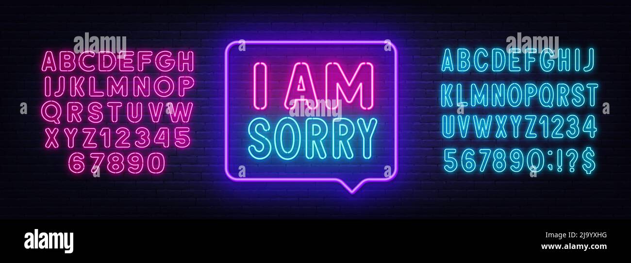 I am sorry neon sign in the speech bubble on brick wall background. Stock Vector