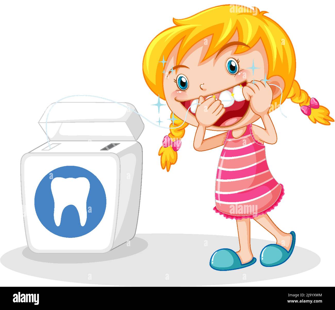 Cute girl cartoon character flossing teeth illustration Stock Vector