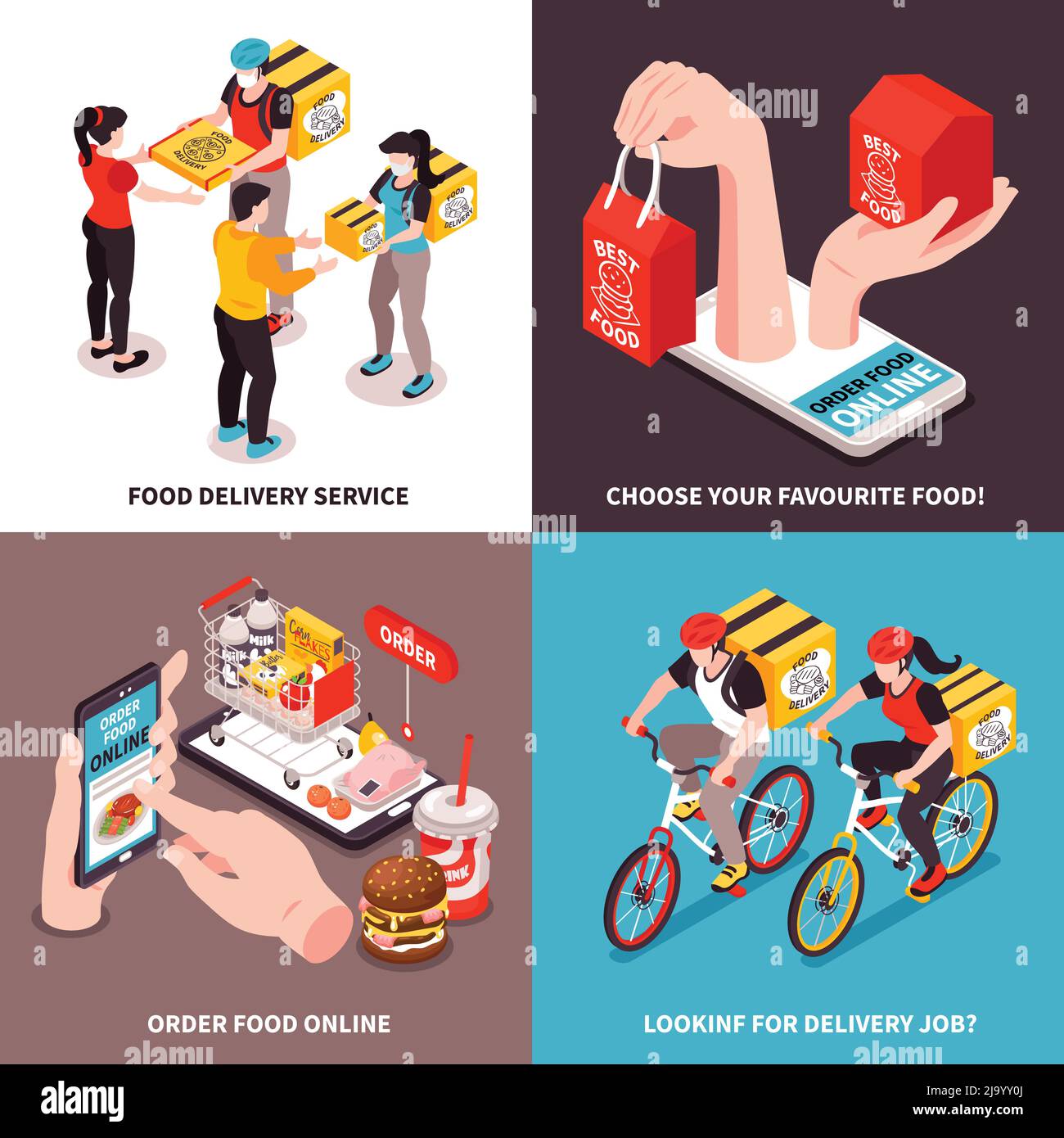 Isometric delivery food design concept with 2x2 compositions set text