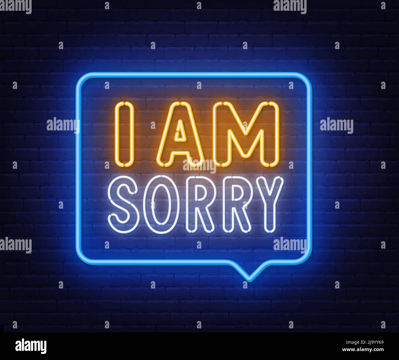 I am sorry neon sign in the speech bubble on brick wall background. Stock Vector