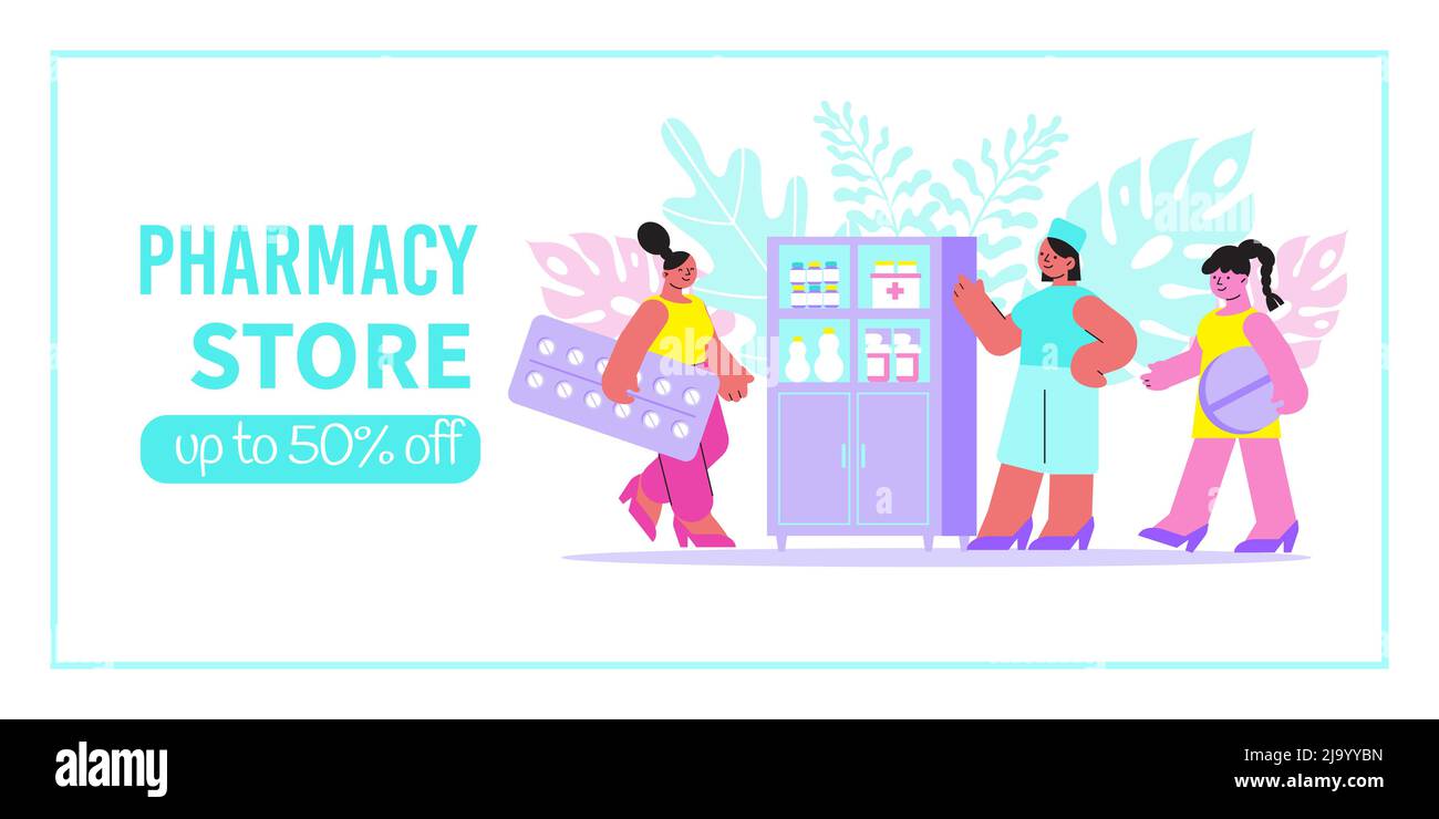 Pharmacy store banner with pharmacist near showcase clients and discount advertising flat vector illustration Stock Vector