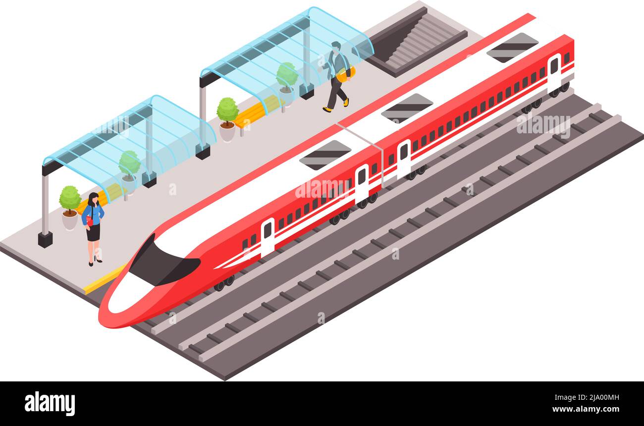 City public transport isometric icon with high speed train and people ...