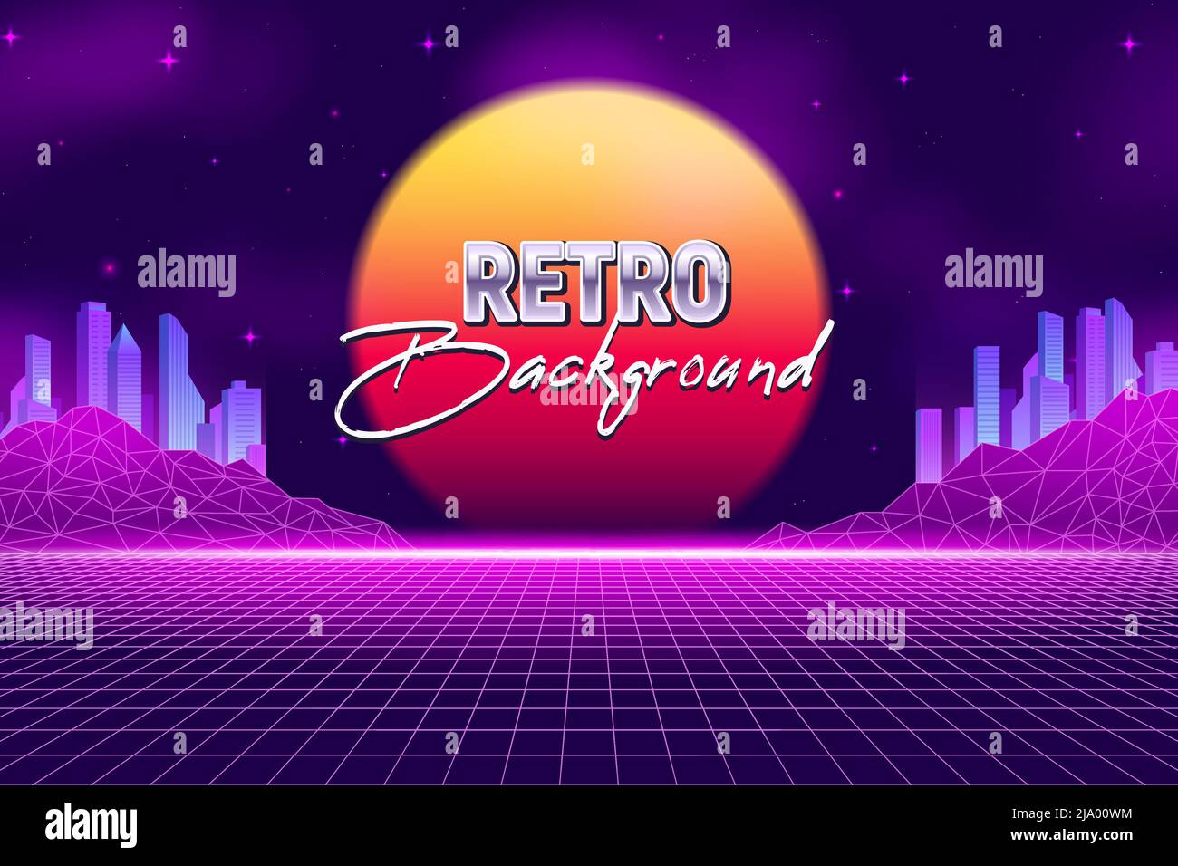 Realistic retro wave party horizontal poster with text background and virtual reality landscape with neon skyscrapers vector illustration Stock Vector