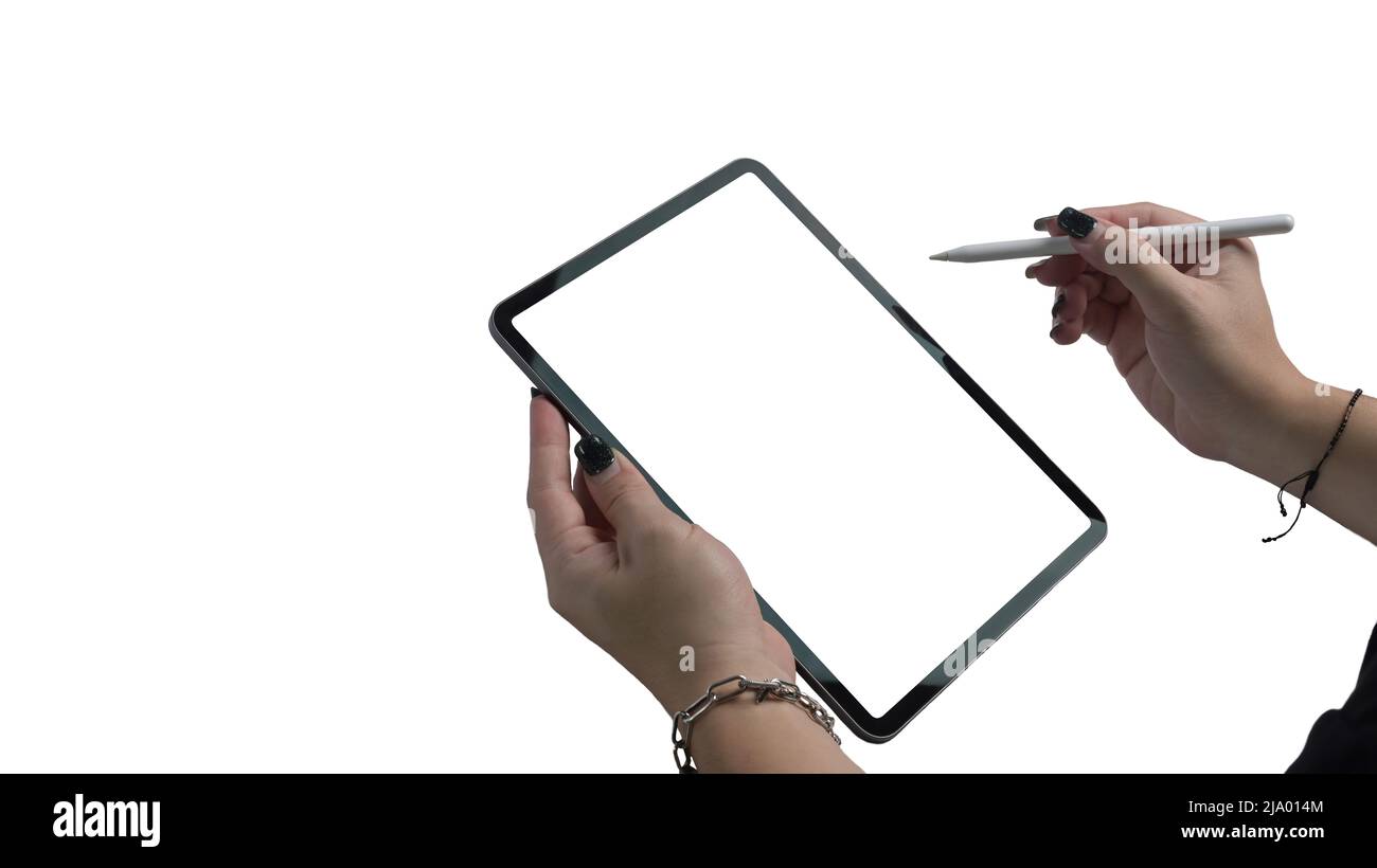 Young woman hand holding digital tablet and stylus pen isolated on white background. Blank