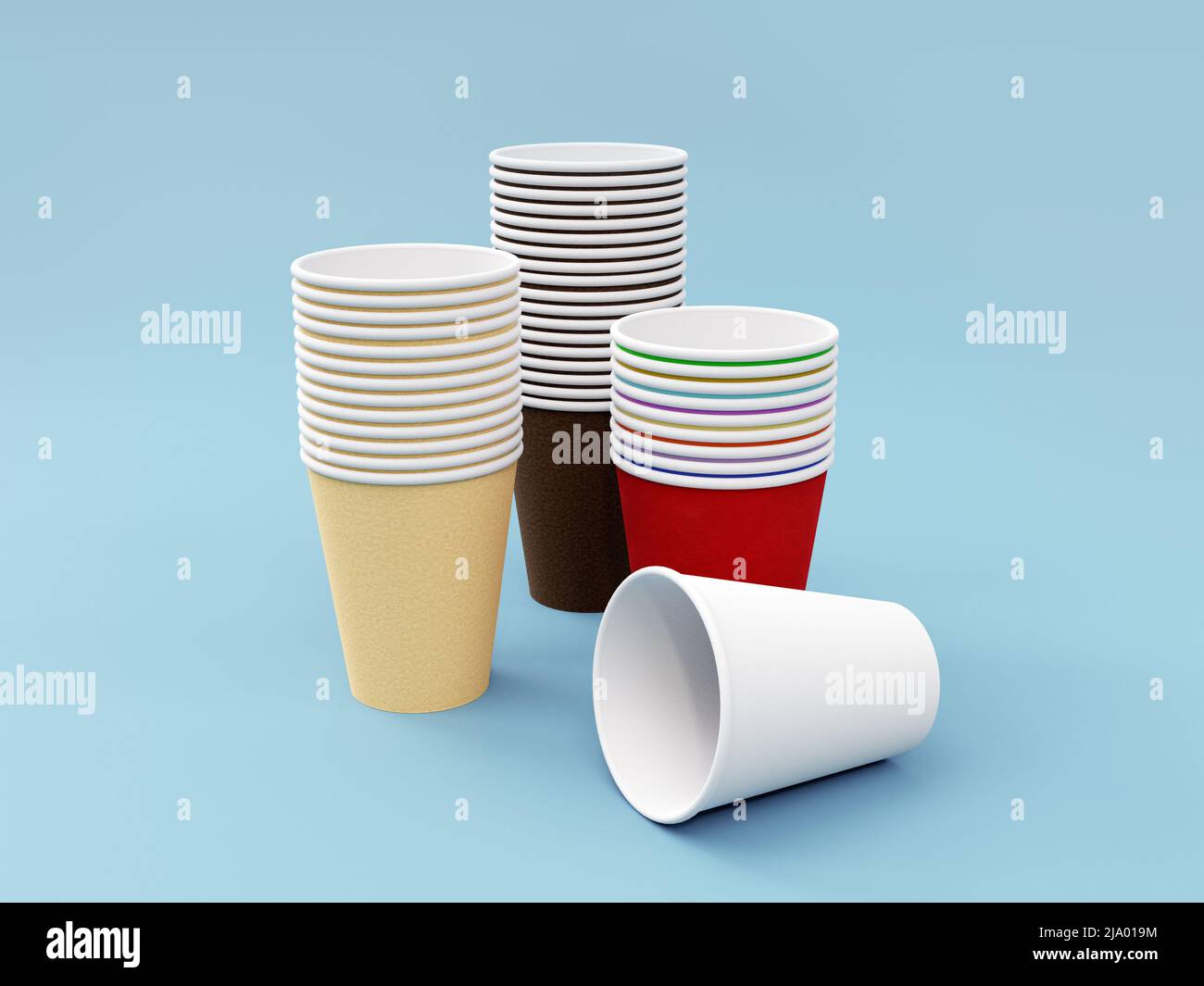 3d rendering of different color paper cup mockups on blue background Stock Photo