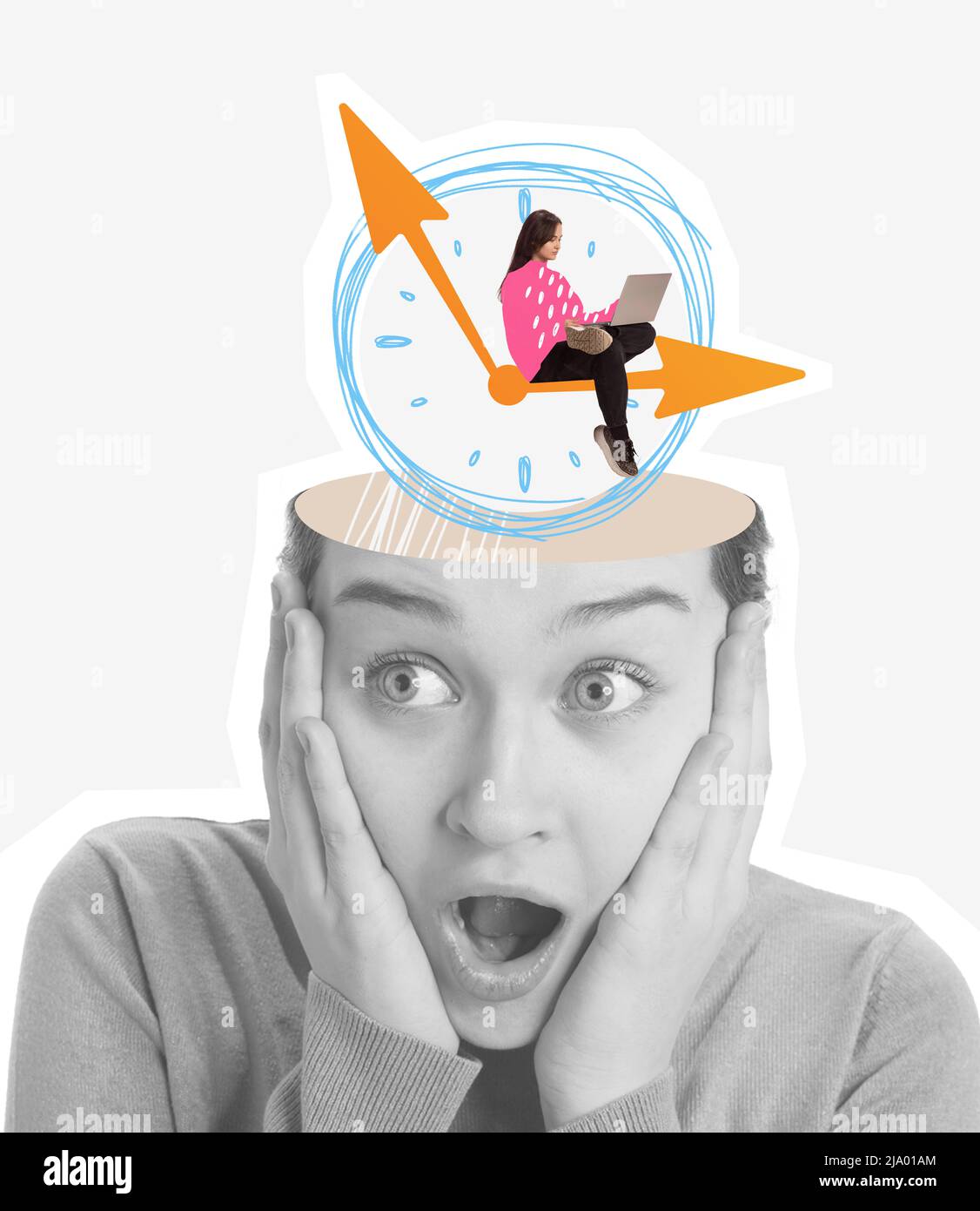 Contemporary art collage. Black and white portrait of shocked girl with colorful thought of