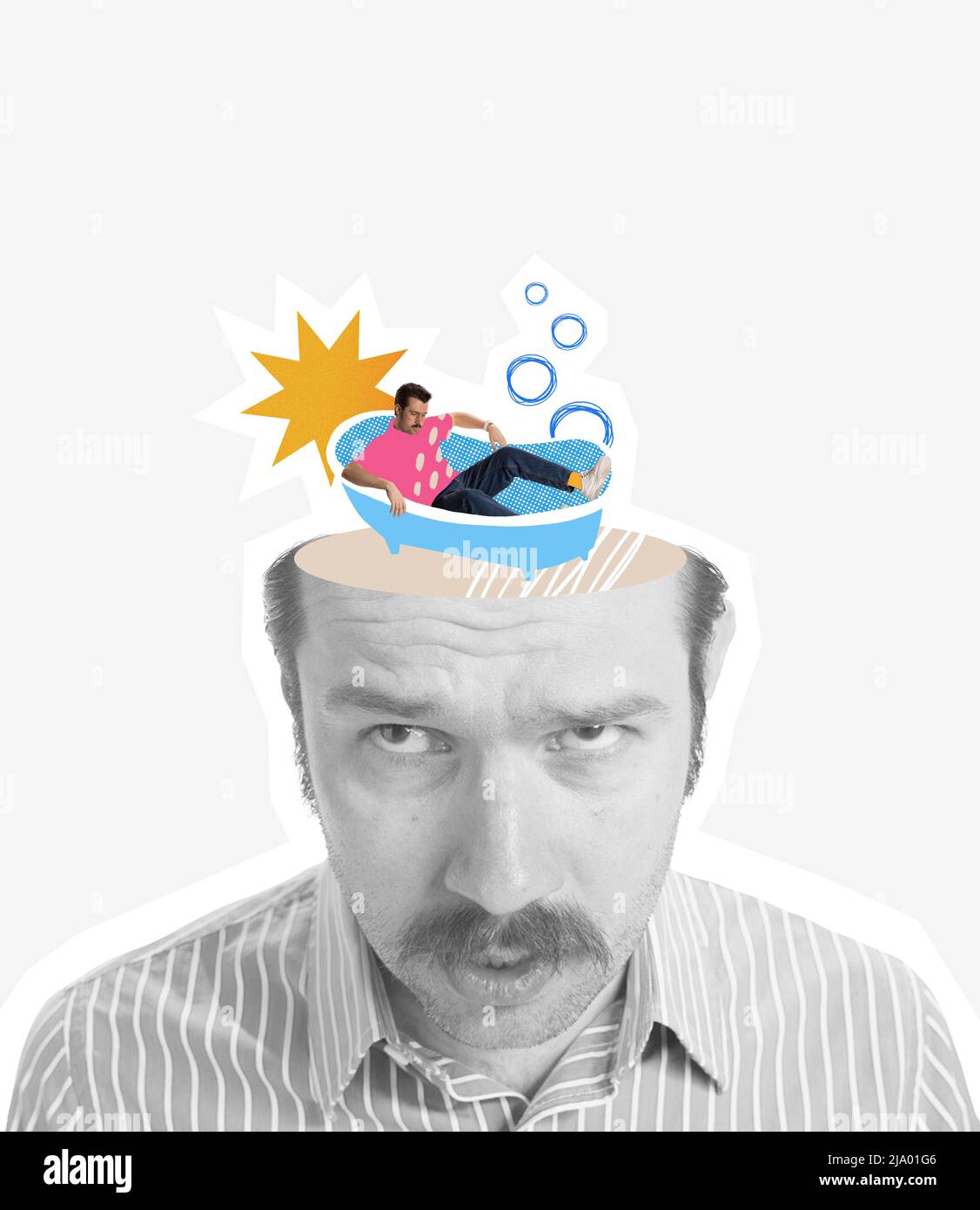 Contemporary art collage. Black and white portrait of man having