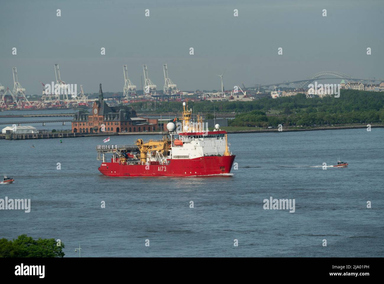 The Royal Navy's ice patrol ship, HMS Protector, moving up the Hudson River at the start of Fleet Week 2022. Stock Photo
