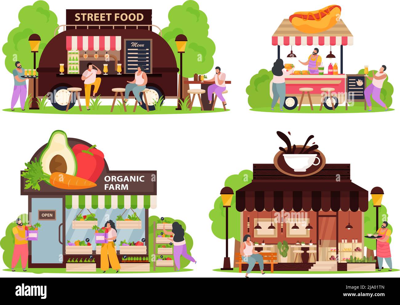 Small business concept icons set with street food symbols flat isolated vector illustration Stock Vector