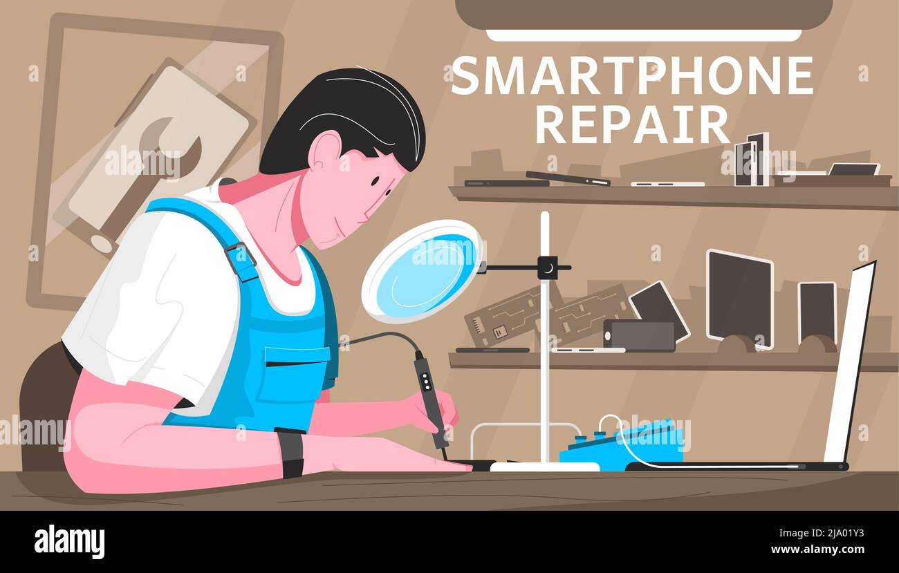 Smartphone repair flat composition with workshop and master works with ...