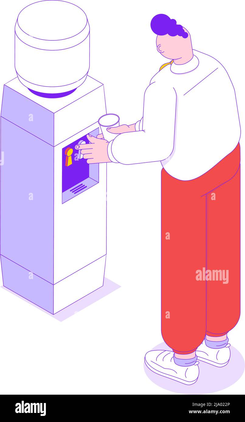 Isometric icon with office worker drinking water from cooler 3d vector illustration Stock Vector