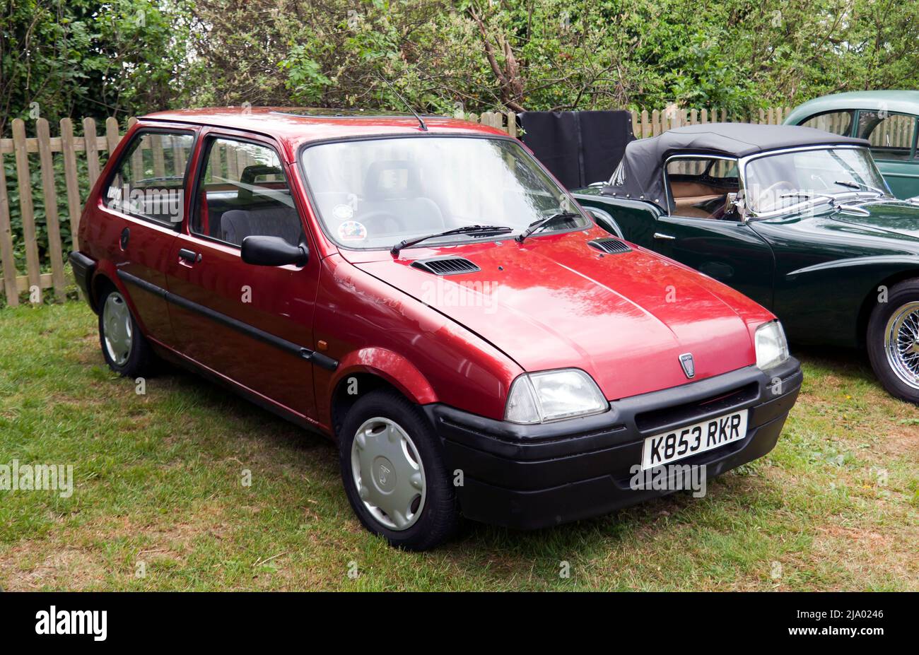 Three-quarter front view of a Red, 1992, Rover Metro, on display at the Wickhambreaux Classic Car Show, 2022 Stock Photo