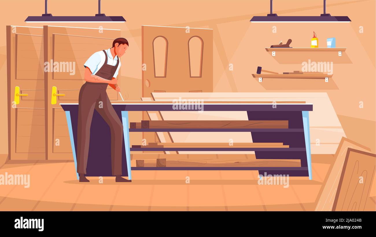 Male carpenter working at door manufacturing flat vector