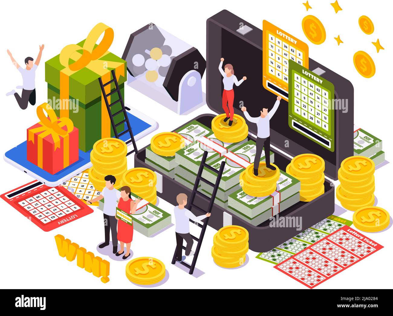 Lottery isometric design concept with scratching instant cards lottery tickets gift boxes rotating drum vector illustration Stock Vector