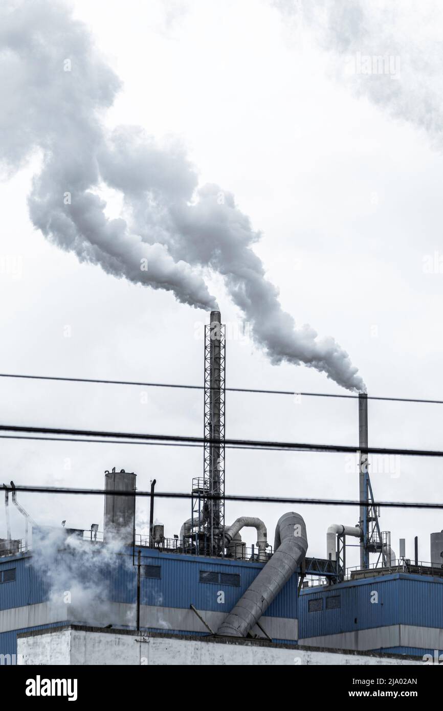 Steam coming out of the chimneys of a paper factory facility in Zaragoza, Spain. Air pollution concept Stock Photo