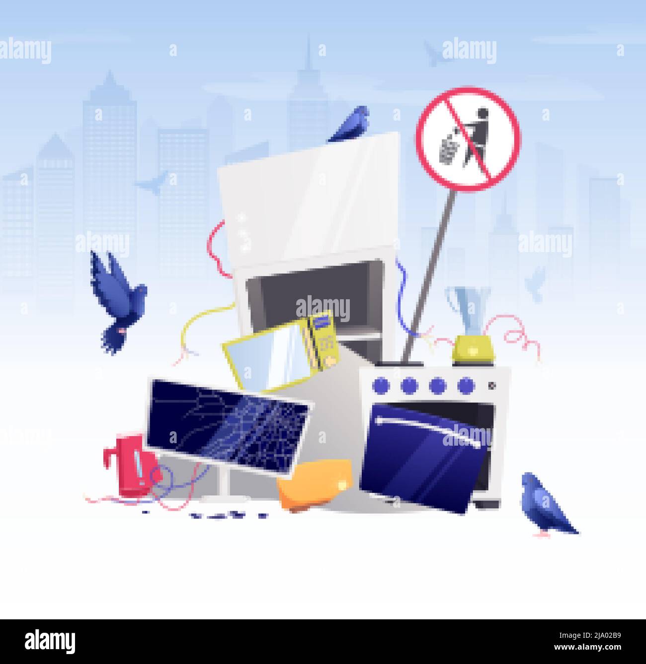 Broken household appliances gadgets waste flat composition with garbage