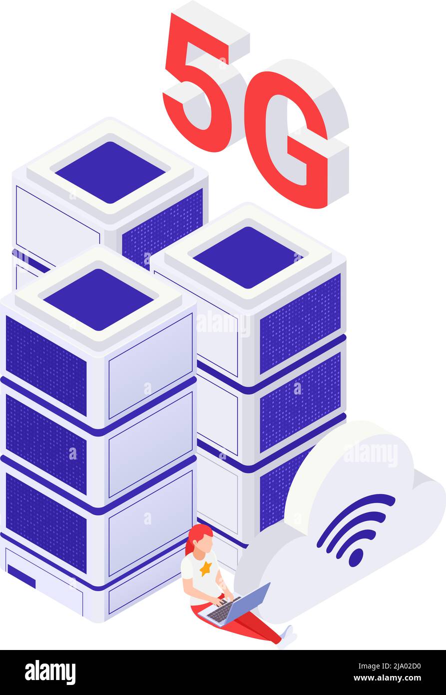 5g concept with woman working on laptop and data center