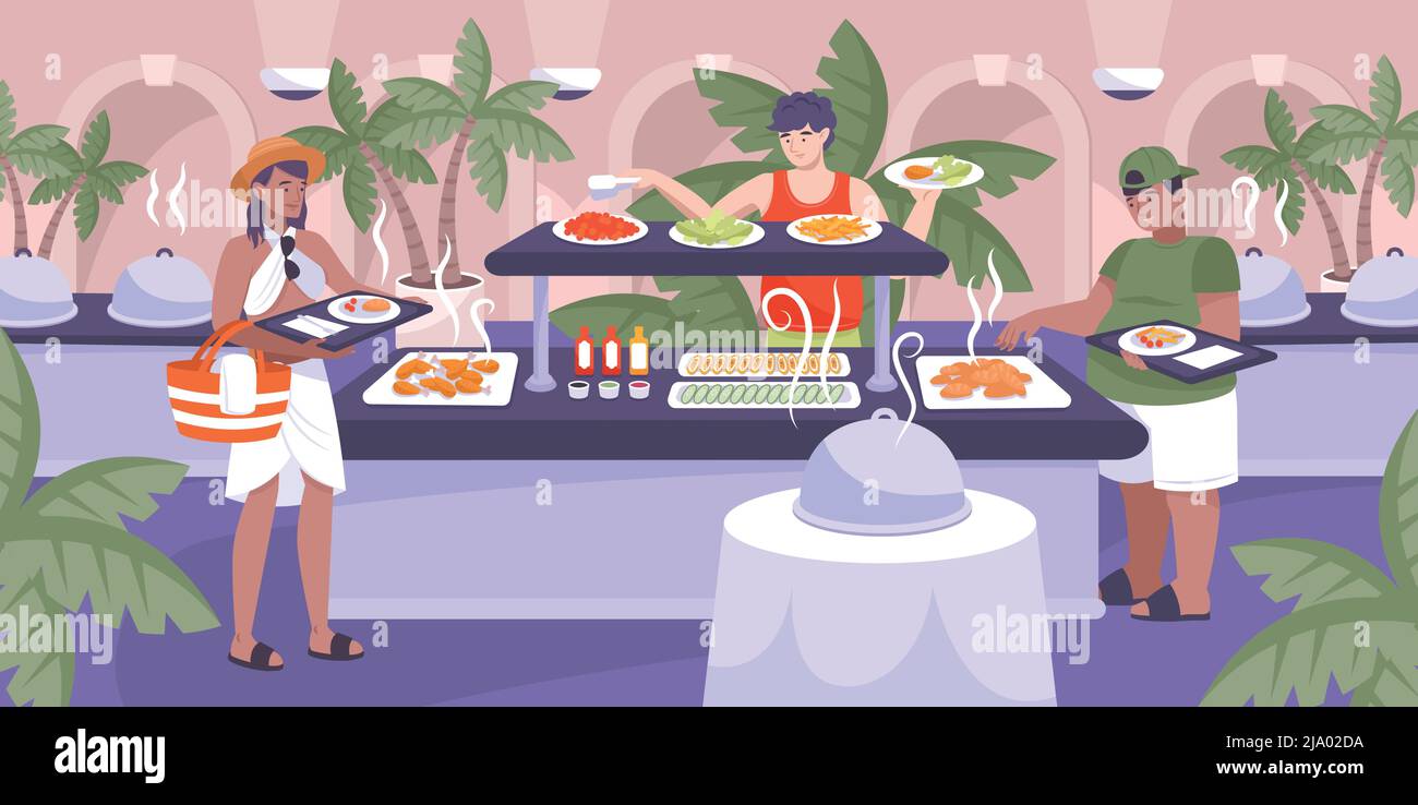 Hotel all inclusive background with restaurant symbols flat vector ...