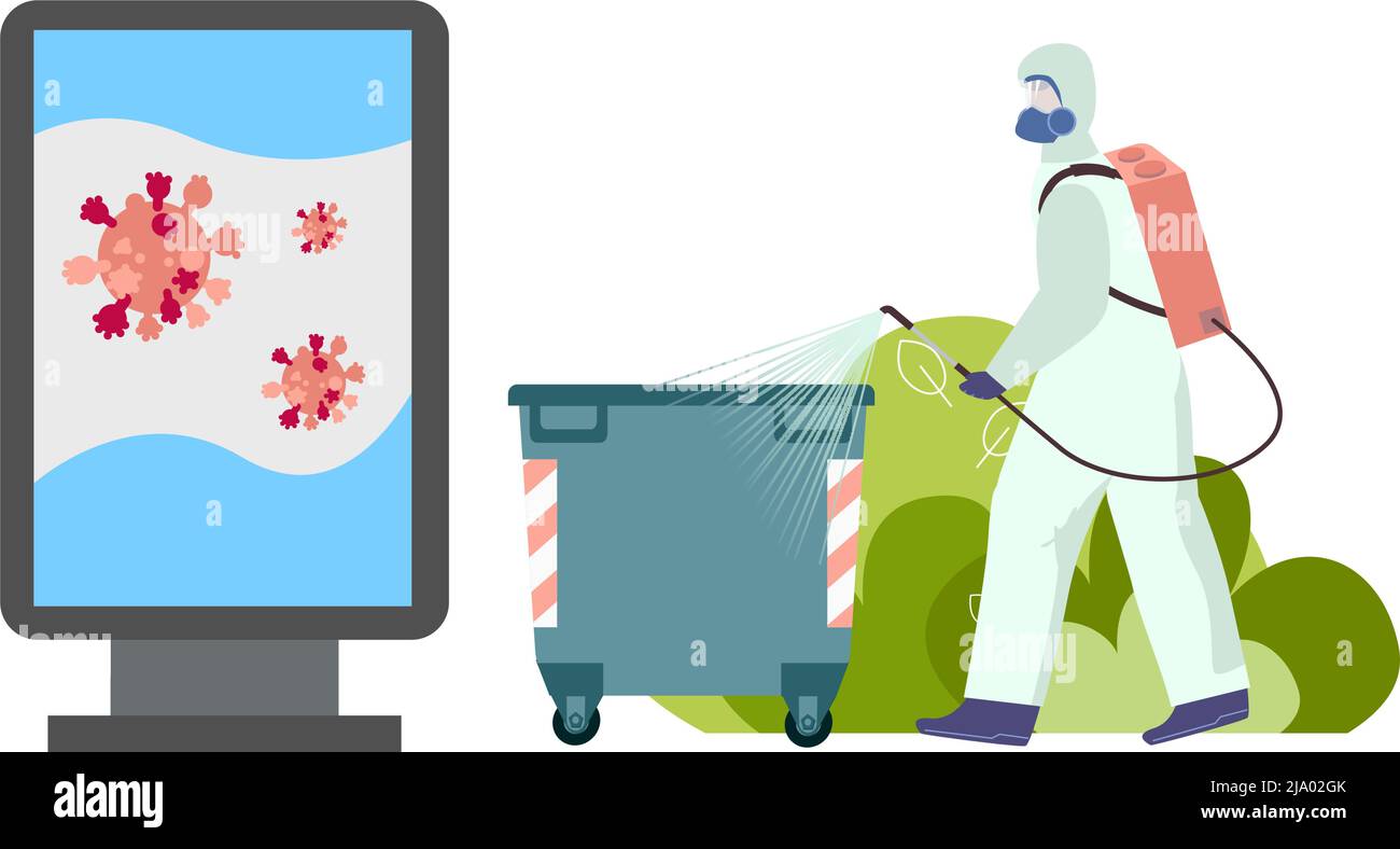 Sanitation employee in protective costume cleaning streets flat vector