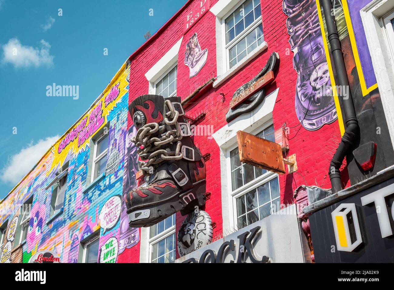 The New Rock shop iin Camden with its eye catching colourful exterior and giant ornate boot. Stock Photo