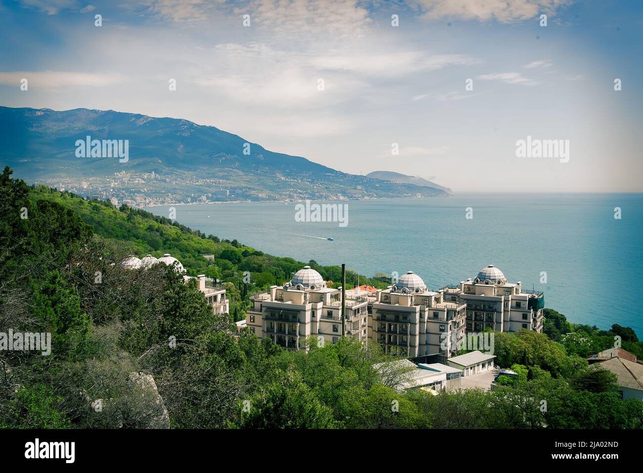 Yalta, Crimean Peninsula. Bear mountain on the horizon. Against the backdrop of the Black Sea. Stock Photo