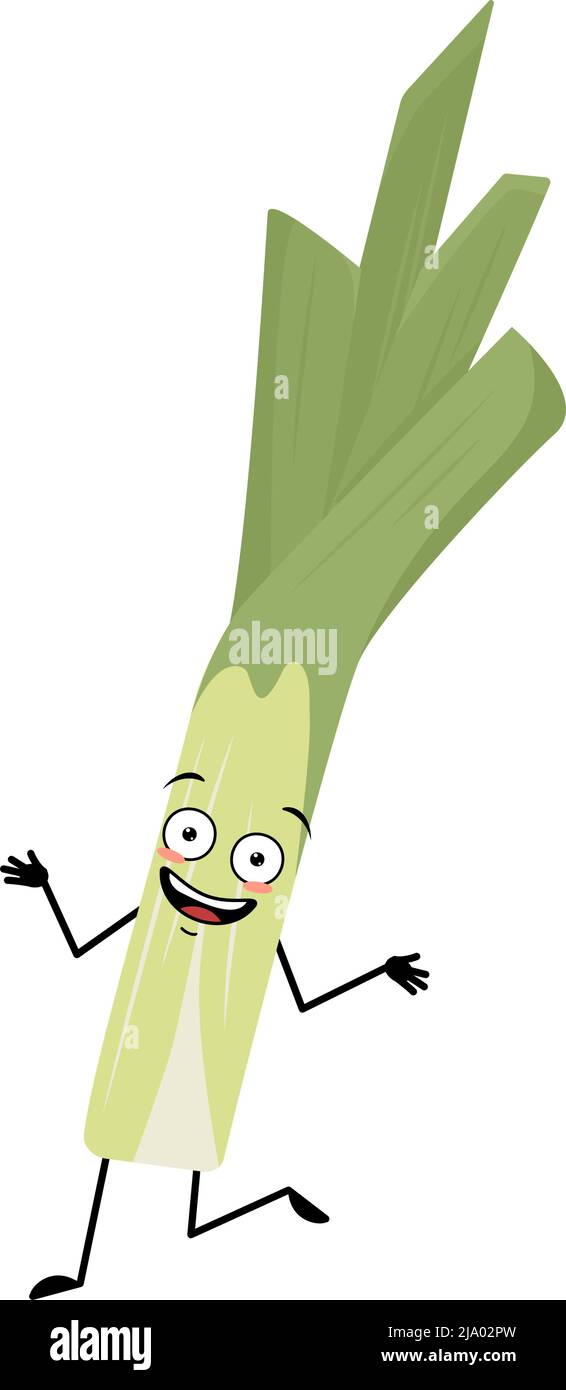 Cute green leek character with crazy joyful emotions, happy face, smile ...