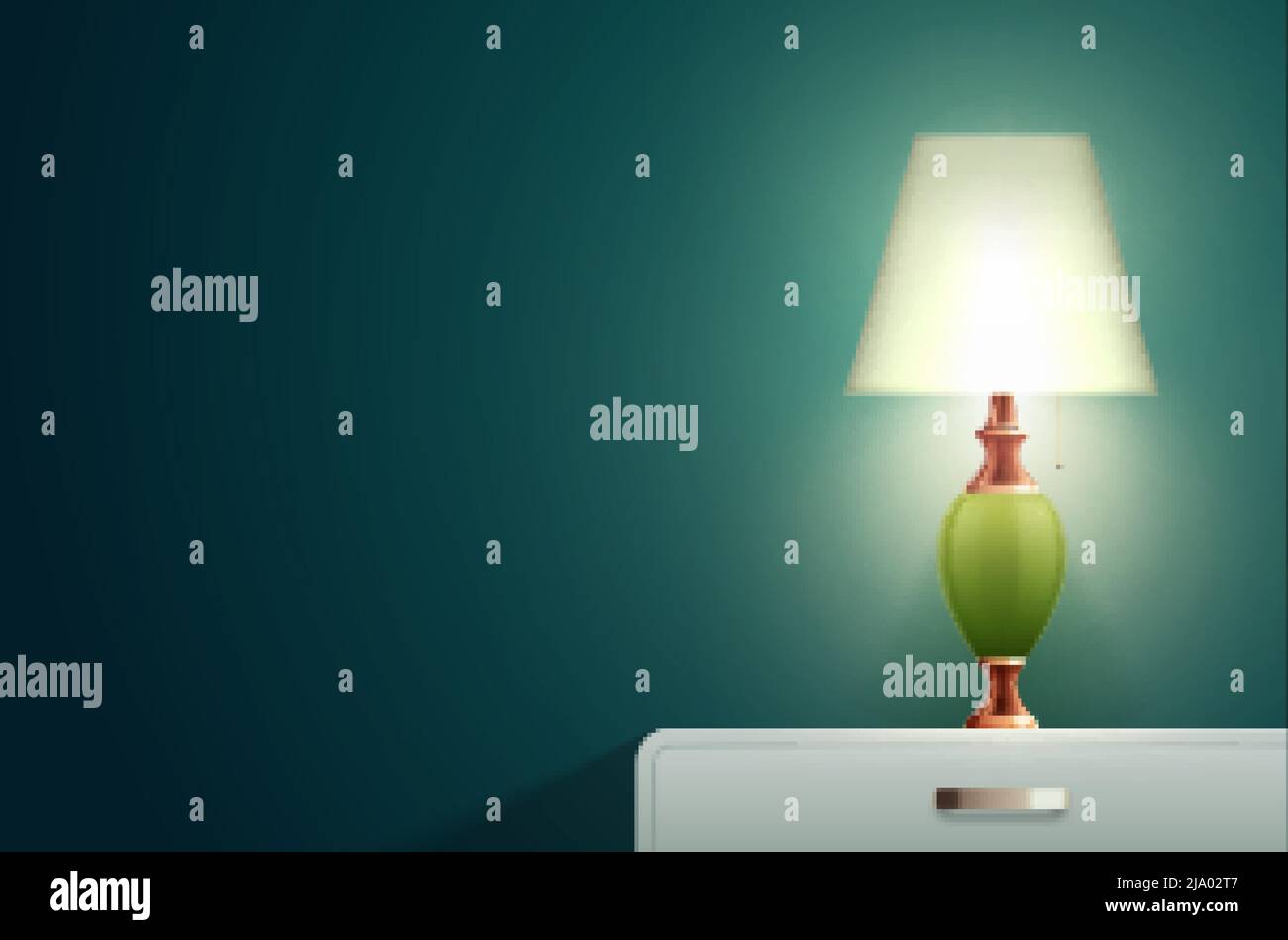 House lighting lamp realistic composition with solid blue wall and bedside table with small designer lamp vector illustration Stock Vector