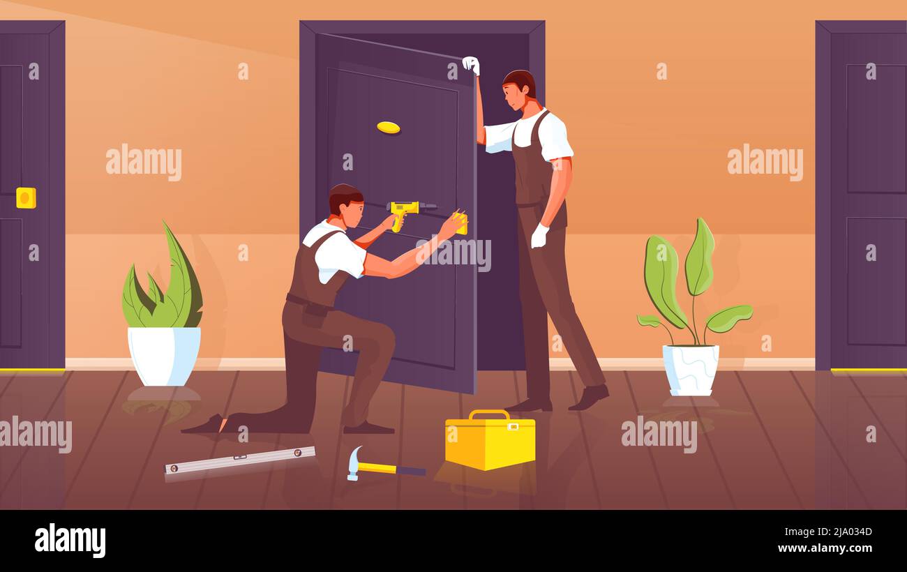 Two workers in uniform with drill installing door flat vector illustration Stock Vector