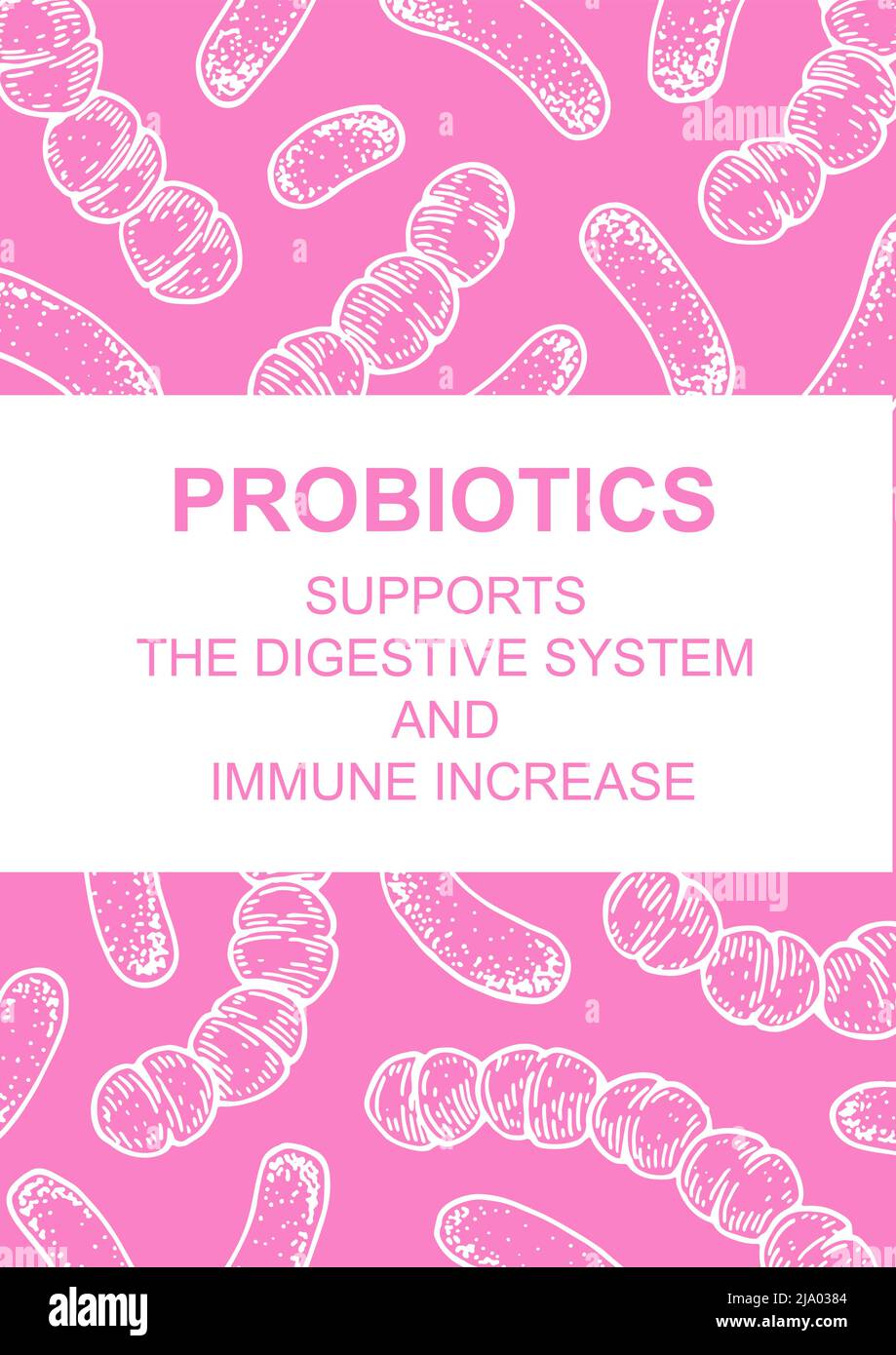 Hand drawn probiotics design for packaging and branding. Vector illustration in sketch style. Microscopic bacteria close-up. Biology background Stock Vector