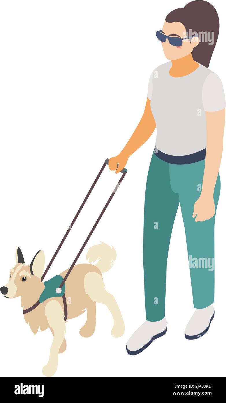 Isometric icon of disabled young woman walking with guide dog 3d vector illustration Stock Vector
