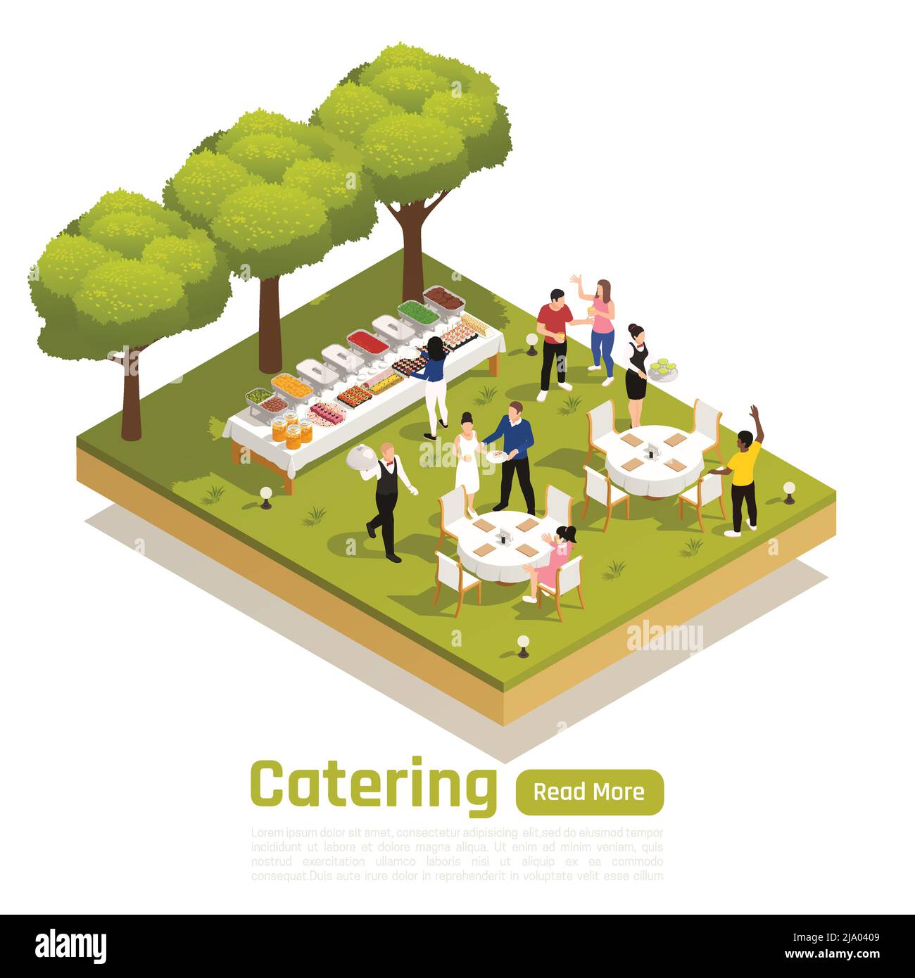 Special occasions corporate barbecue outdoor catering service website isometric element with natural park wedding ceremony vector illustration Stock Vector