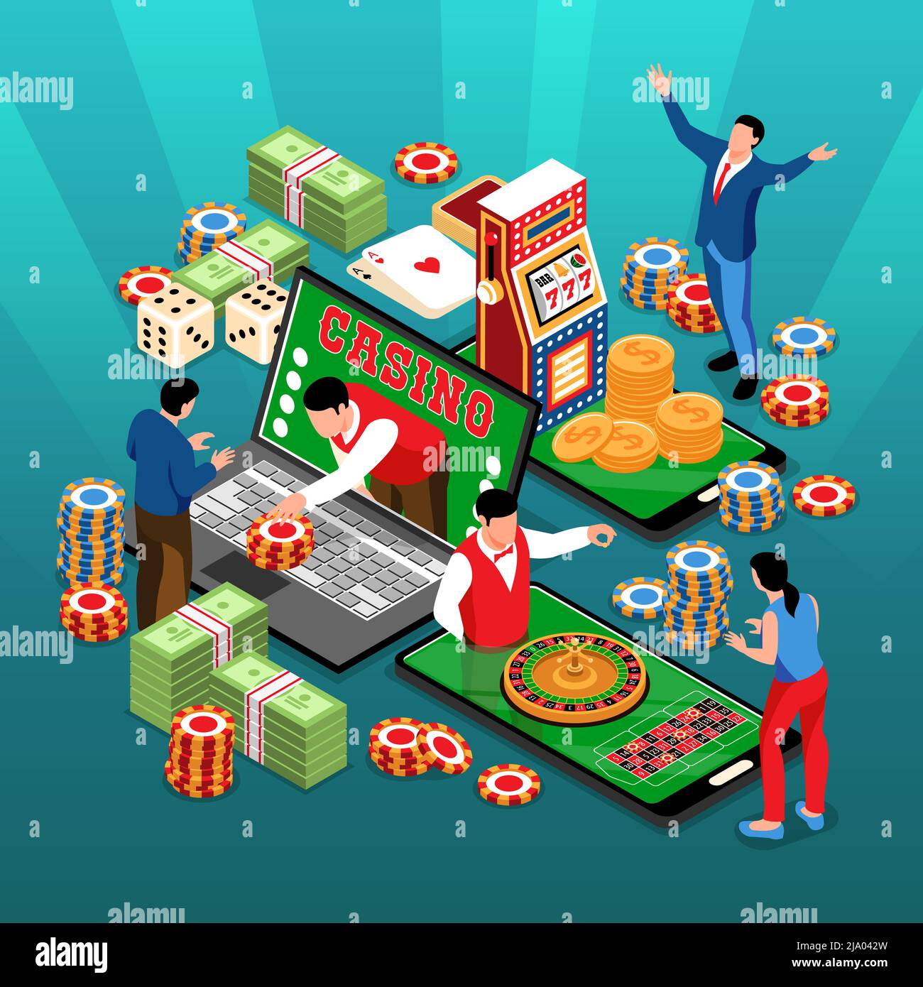 Isometric online casino square composition with human characters stacks