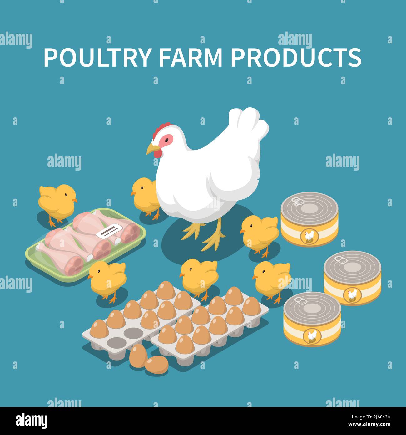 Poultry farm products blue background with live hen and chicks packaging of chicken legs tray of eggs canned turkey isometric icons vector illustratio Stock Vector