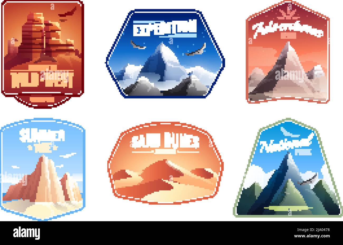 Mountains rocks landscapes emblems flat set with sand dunes national parks and expedition peaks editable text vector illustration Stock Vector
