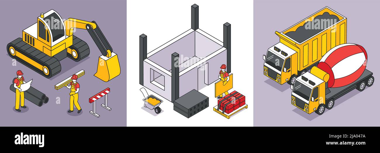 Isometric 3d design concept with construction builders and building ...