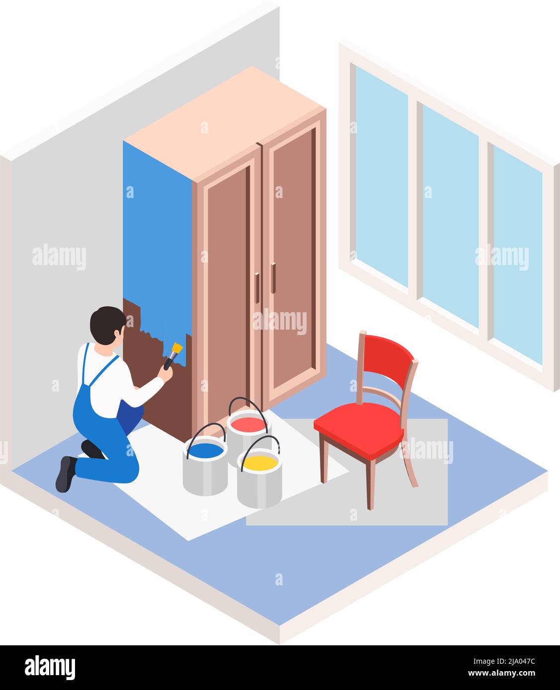 Renovation repair works isometric composition with worker painting old ...