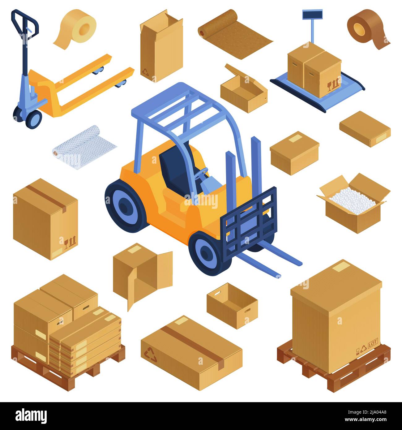 Isometric cardboard boxes pallet loader set with isolated icons of carton packs and image of forklift vector illustration Stock Vector