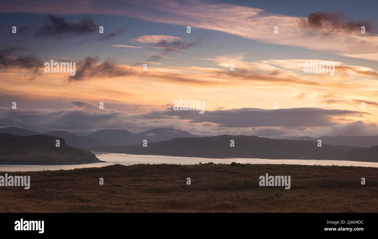 Morning in Scottish wilderness.Majestic sunrise landscape scene on Isle of Skye. Stock Photo