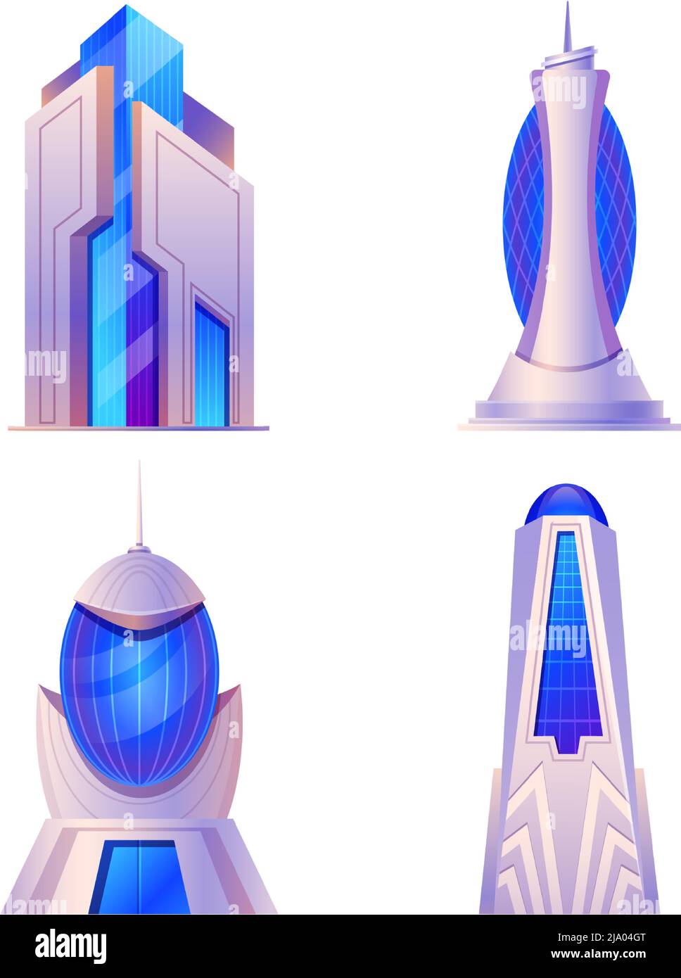 Cartoon futuristic city buildings of set, modern architecture Stock Vector