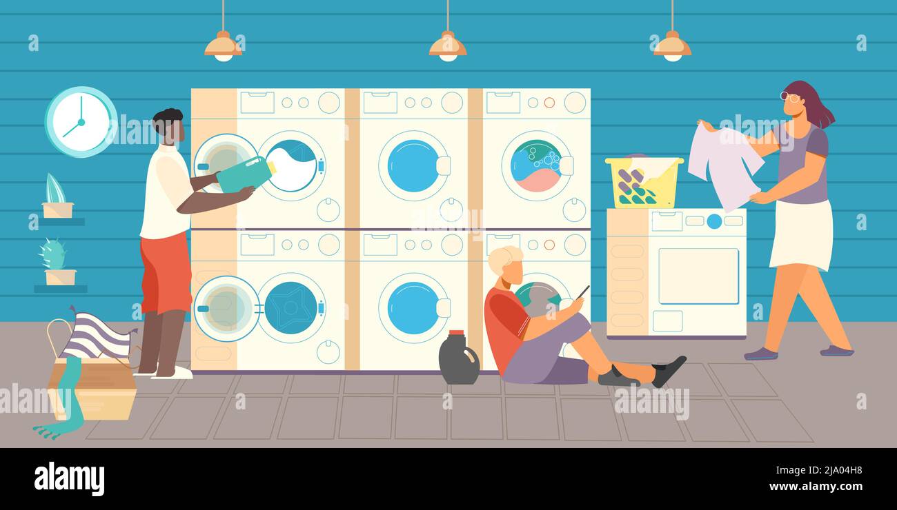 Public laundry flat composition with view of self service laundry with washing machines bowls and people vector illustration Stock Vector