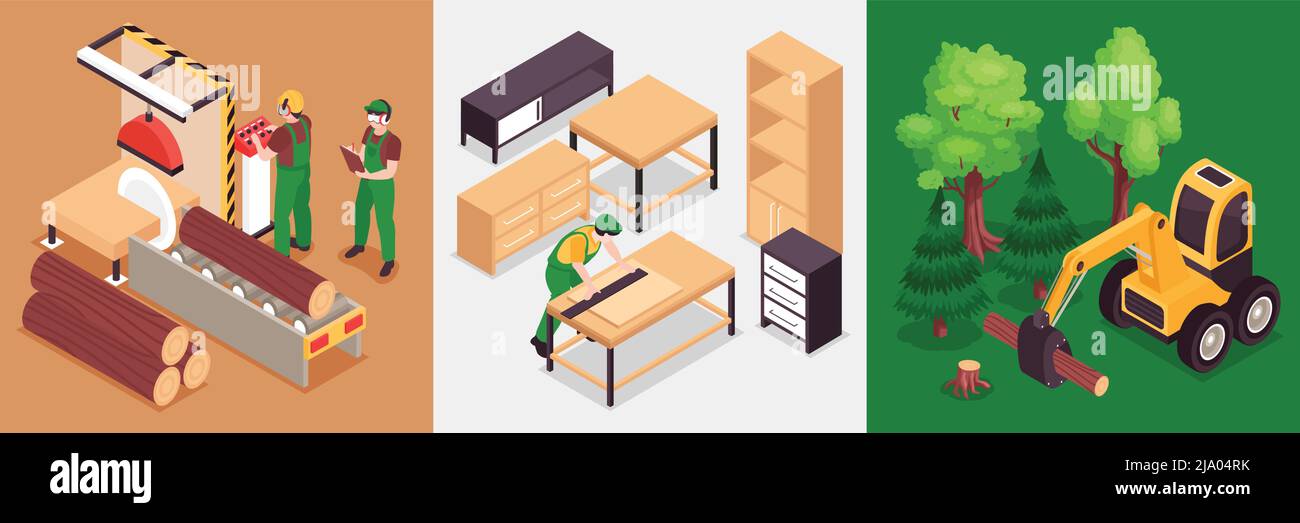 Isometric wooden furniture production design concept with square