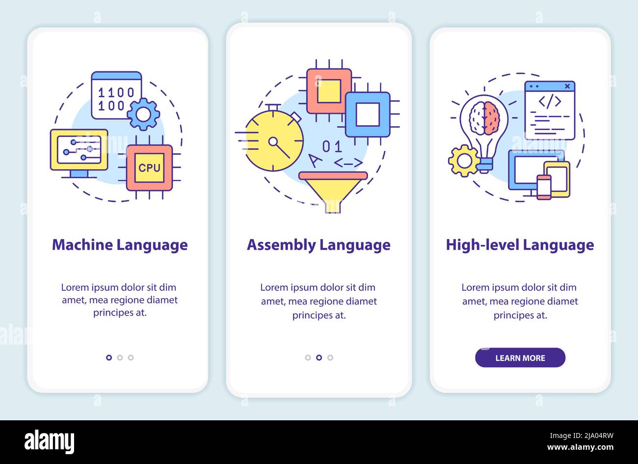 Types of computer languages onboarding mobile app screen Stock Vector ...