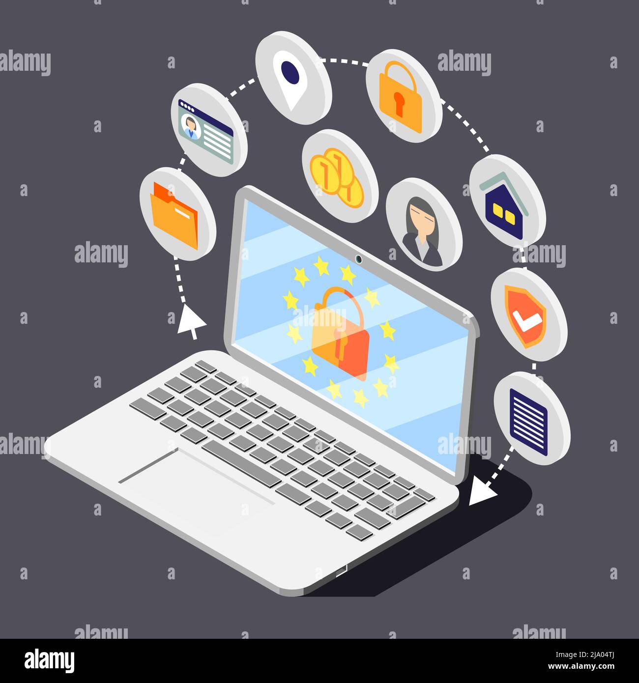 Personal data protection gdpr isometric background composition with image of laptop surrounded by circle pictogram icons vector illustration Stock Vector